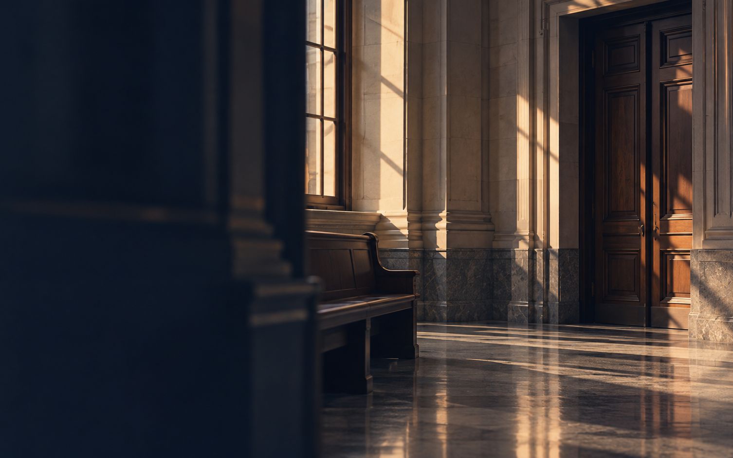 Sunlight falling across a quiet courthouse corridor and a wooden bench