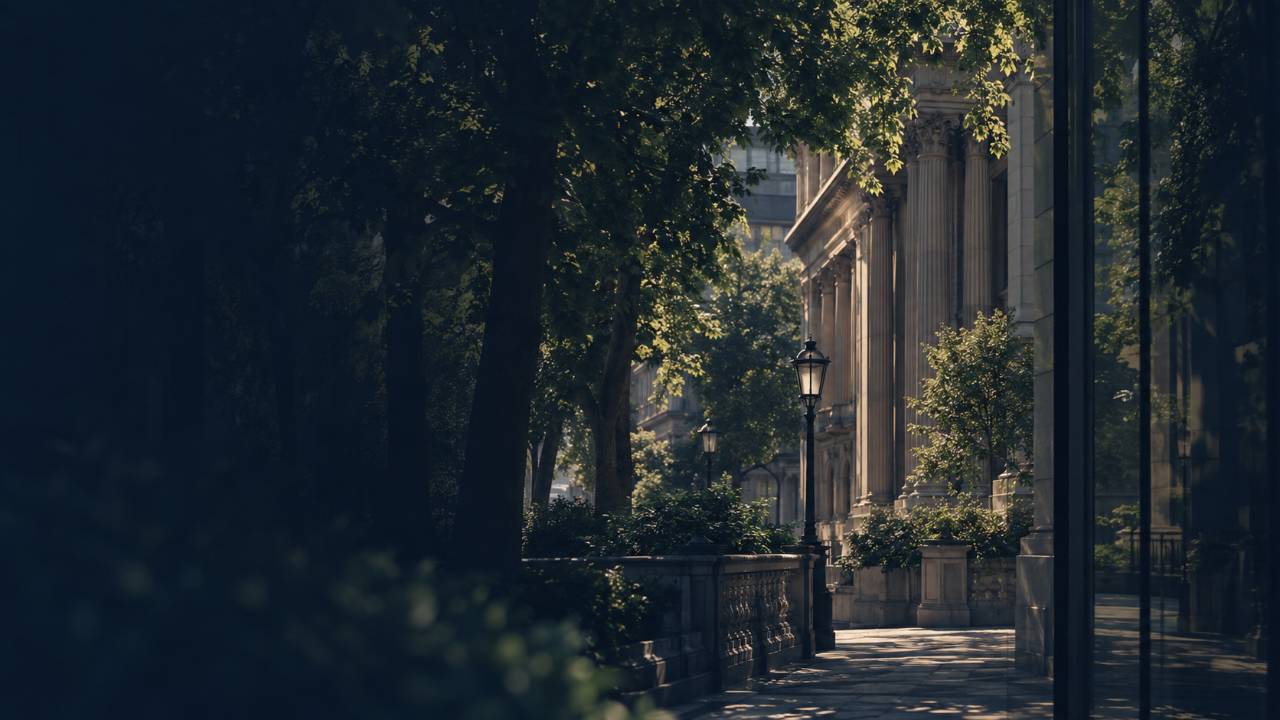 A tree-lined street beside a classical stone building in soft evening light