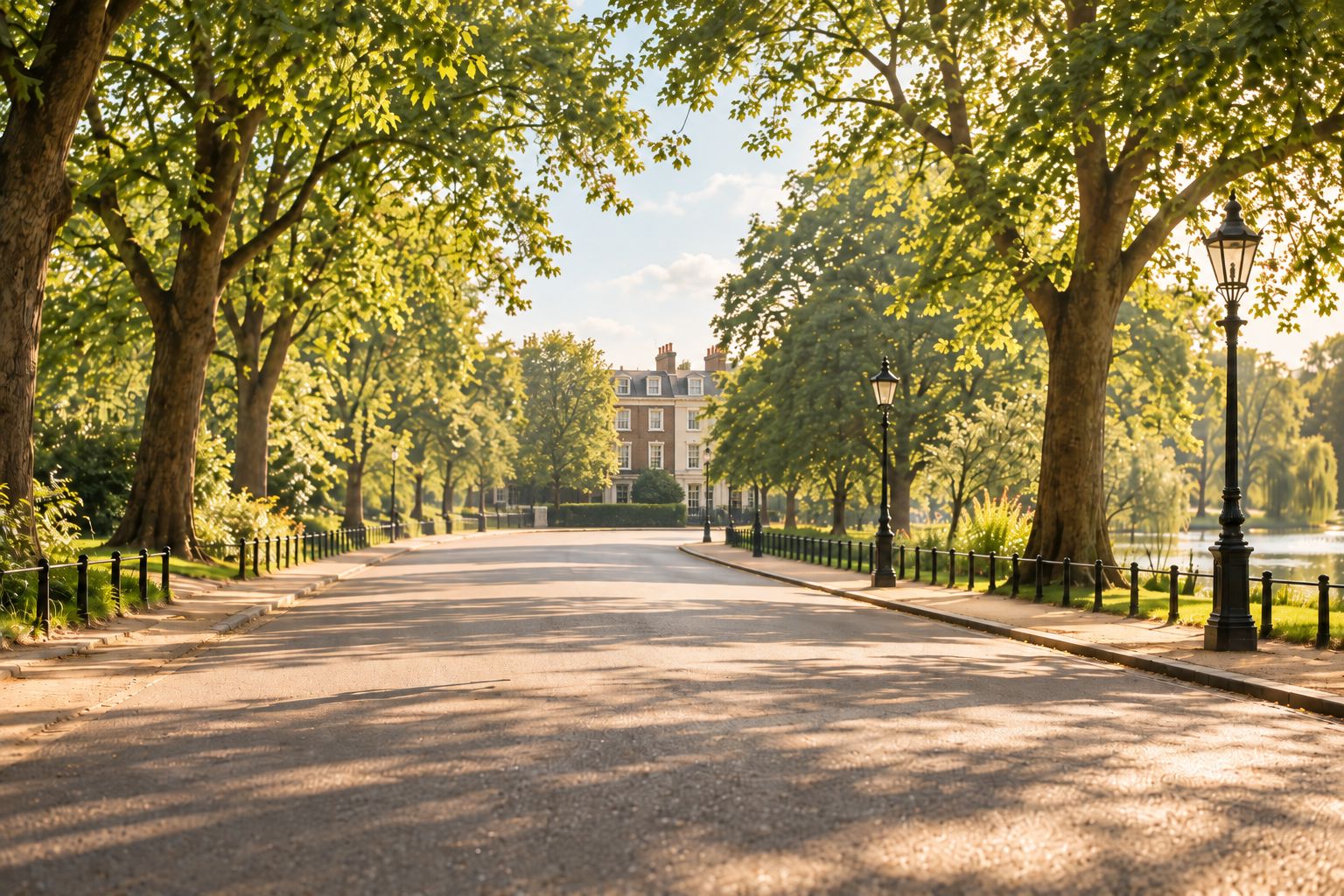 A tree-lined avenue in a London park in warm evening light
